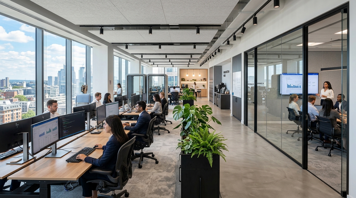 Espacio corporativo moderno completamente equipado con mobiliario ergonómico y tecnología
