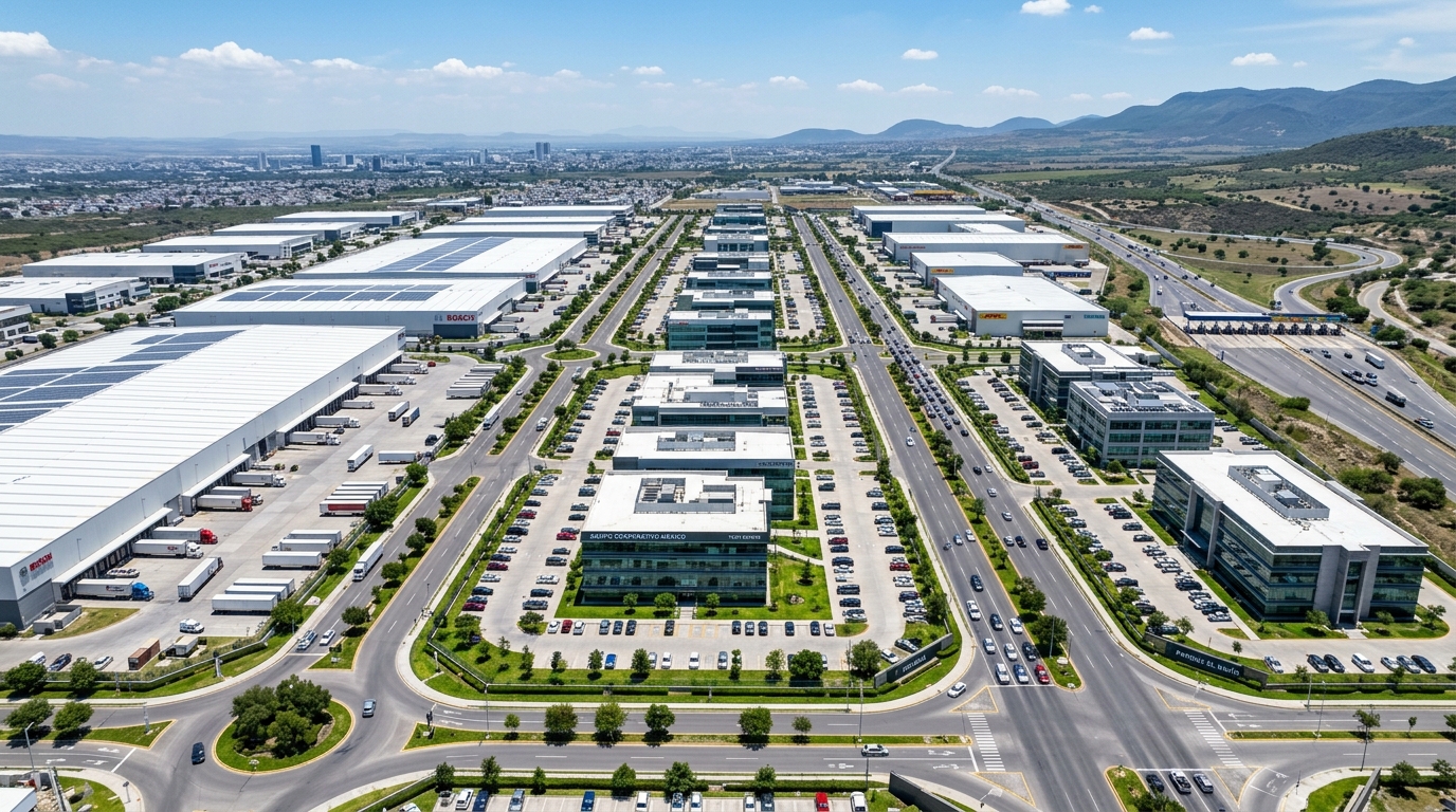 Vista aérea de un parque industrial y corporativo moderno en México con naves y oficinas organizadas