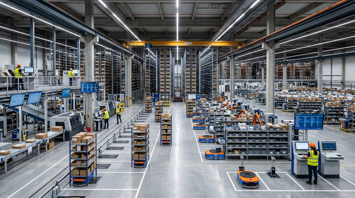 Interior de nave industrial moderna con equipo automatizado e iluminación LED